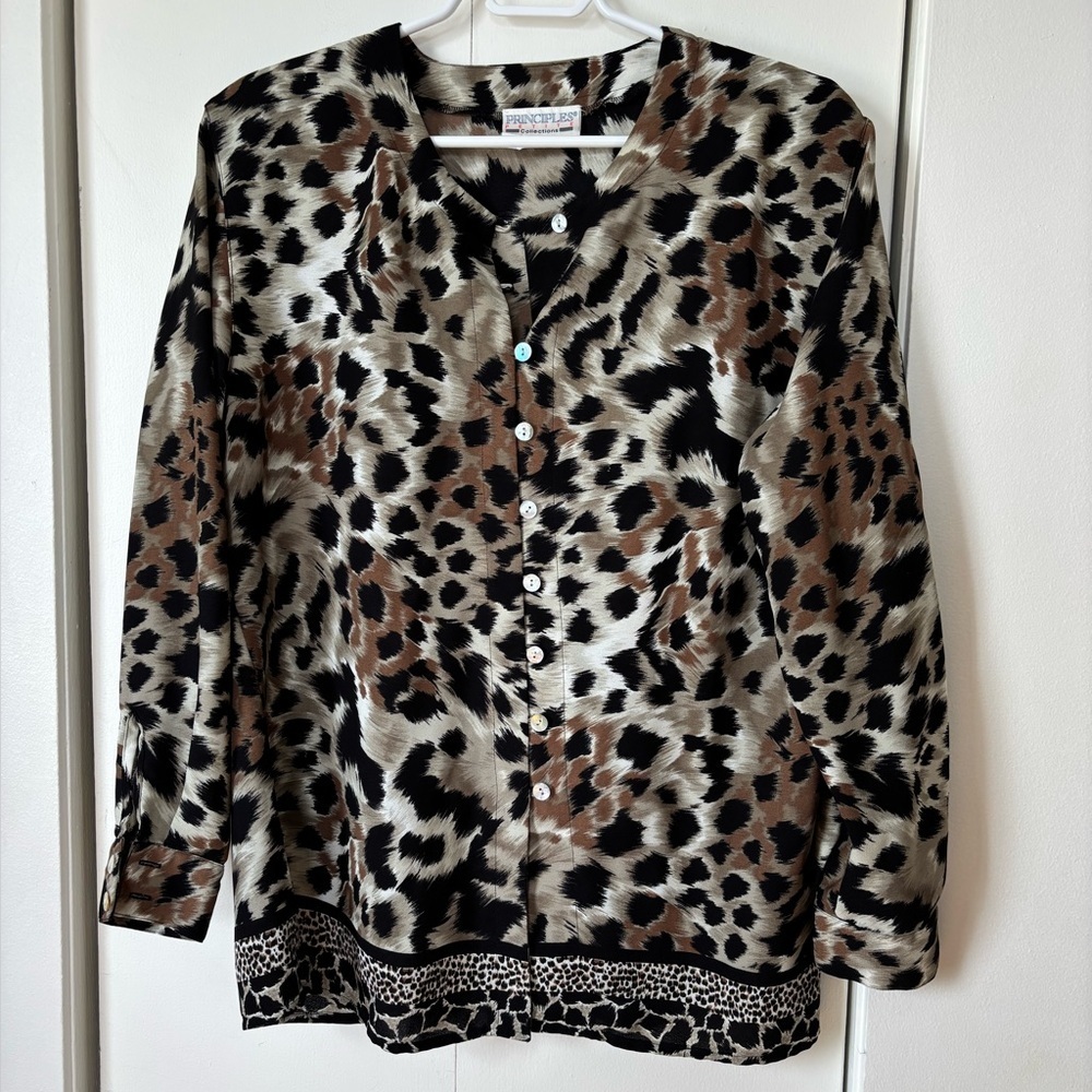 Principles Leopard Print Blouse Brown Black Button Up Size L